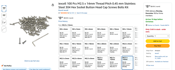 m2.5x14ButtonHeadScrews100Pcs